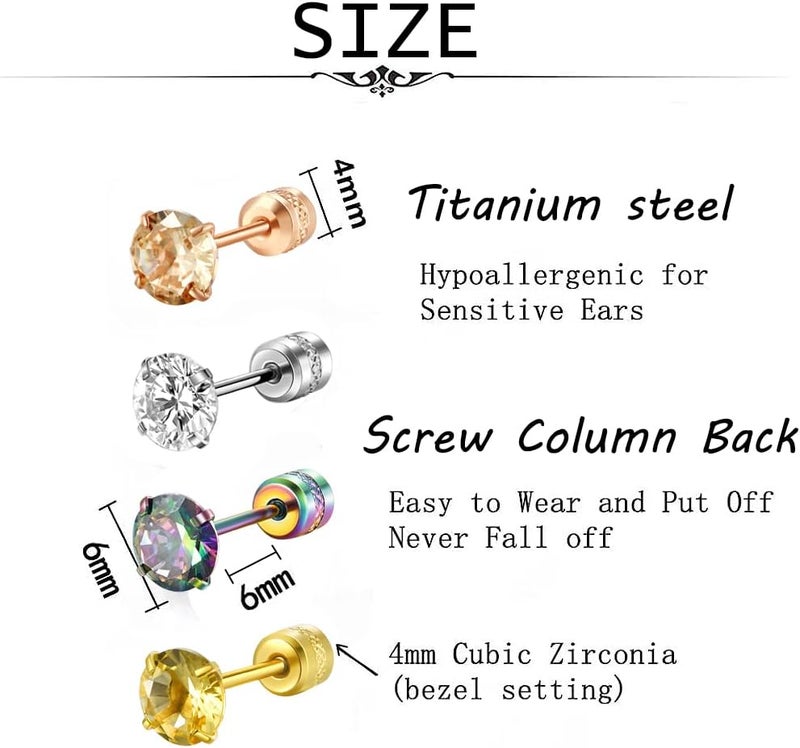 SIISPRI 4 Pairs Titanium Screw Back Surgical Stainless Steel Stud Earrings for Women Men 20G. Rainbow 5A Cubic Zirconia Studs Double Side Earrings Piercing Sleeper Studs Jewelry 6mm - Image 2